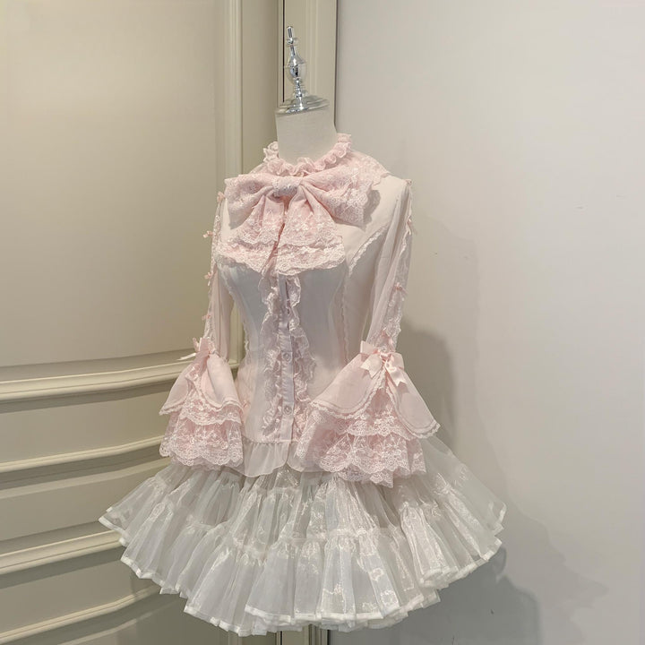 Mengfuzi~Dream Paradise~Chiffon Sweet Lolita Blouse With Half Princess Sleeves Pink Shirt + Bow Tie S