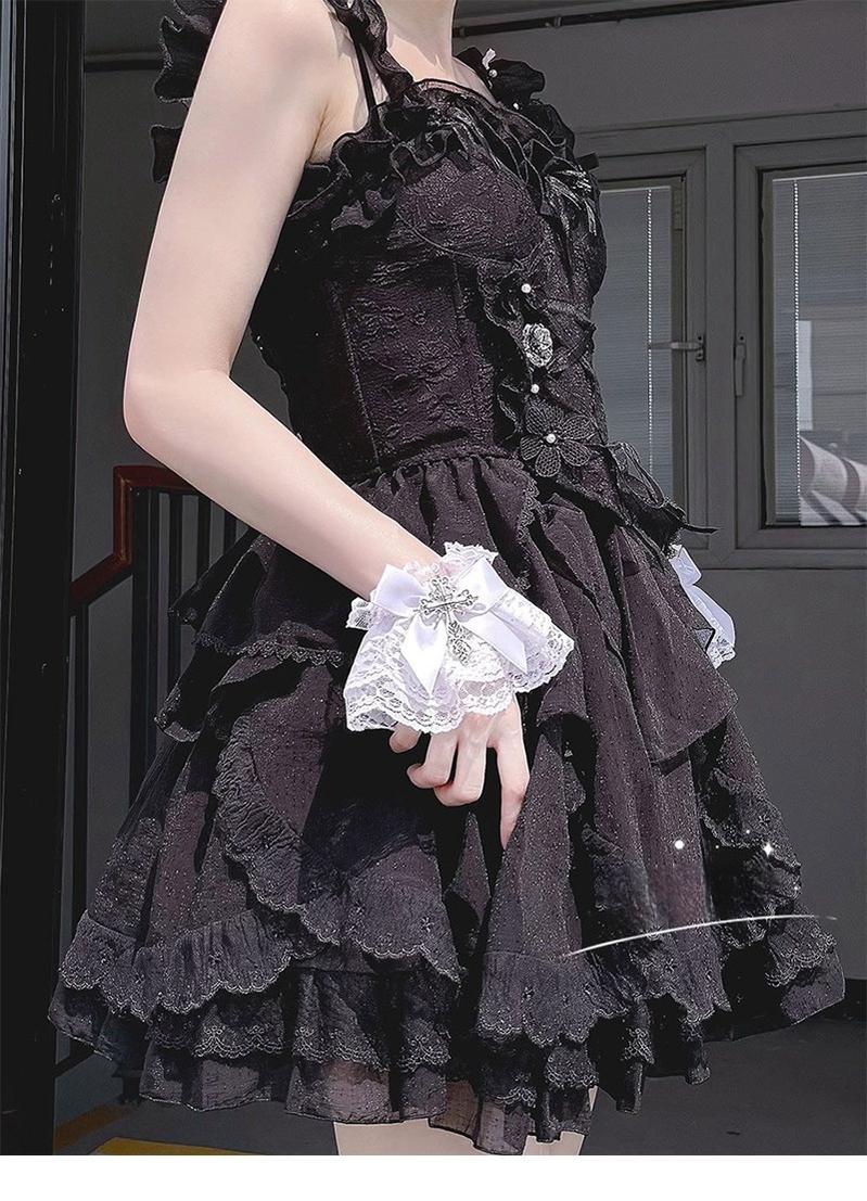 Hua Nai Cat~Gothic Lolita Cuffs with Cross Black and White Hand Sleeve   