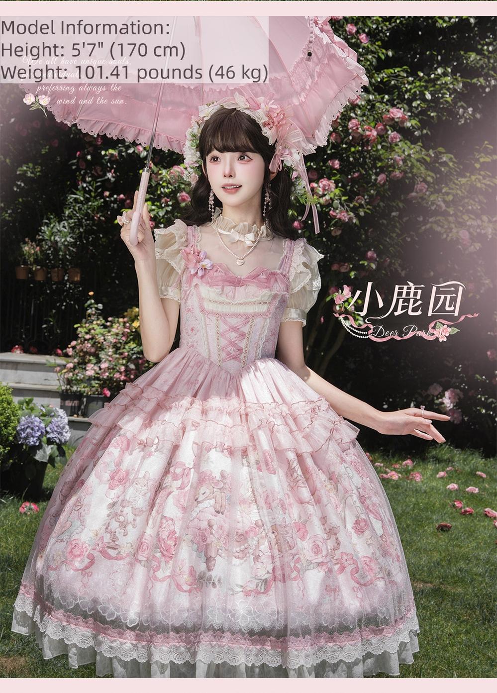 Deer Garden - Sweet Lolita Deer Printed JSK Dress with Tulle Overlay 45607:855291