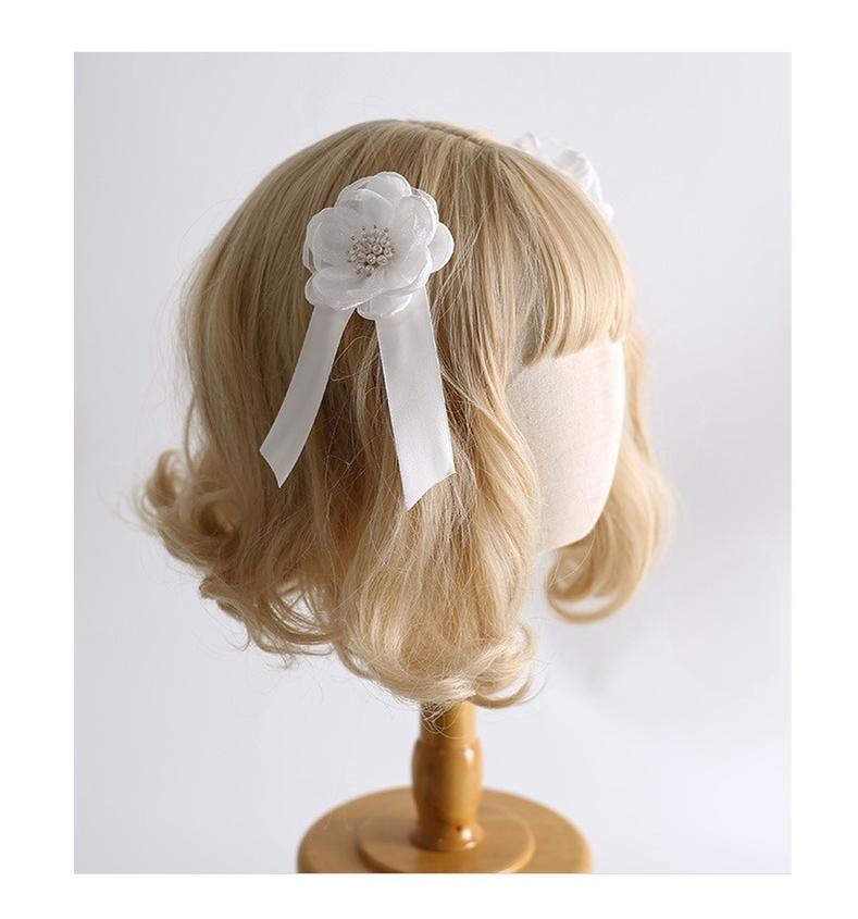 Xiaogui - Classic Lolita Lace Headdress Pure White Lolita Head Accessory White flower brooch/fish mouth clip (a pair)