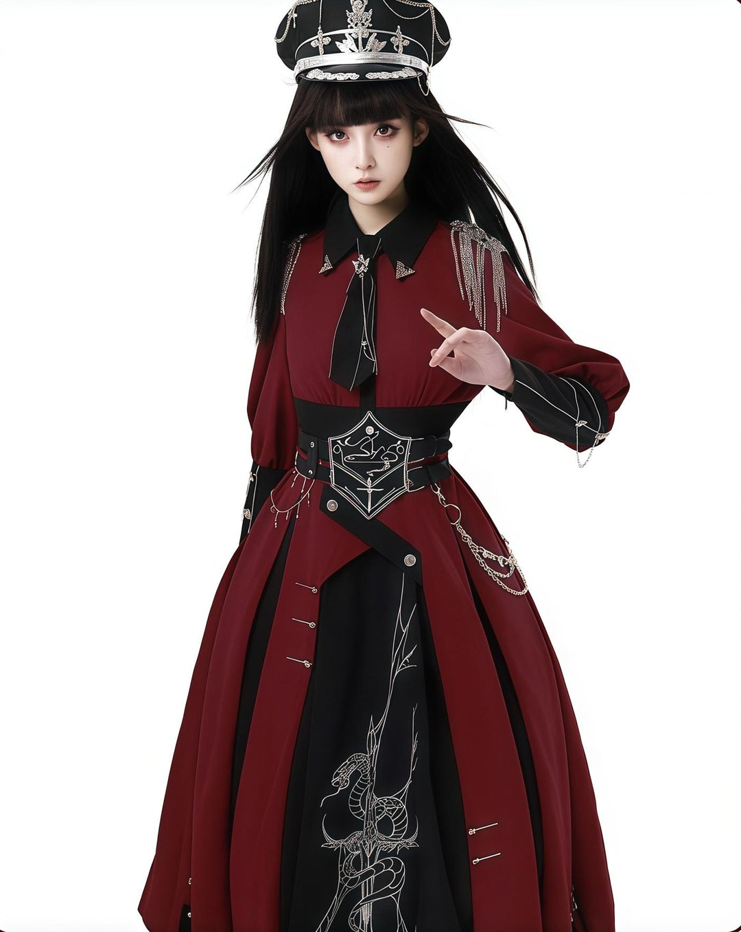 CHUNLV LOLITA~Crimson Knight~Military Lolita Dress Outfit Red OP Black Cloak Waistband OP (with a collar pin + a necktie + two shoulder badges) Only S