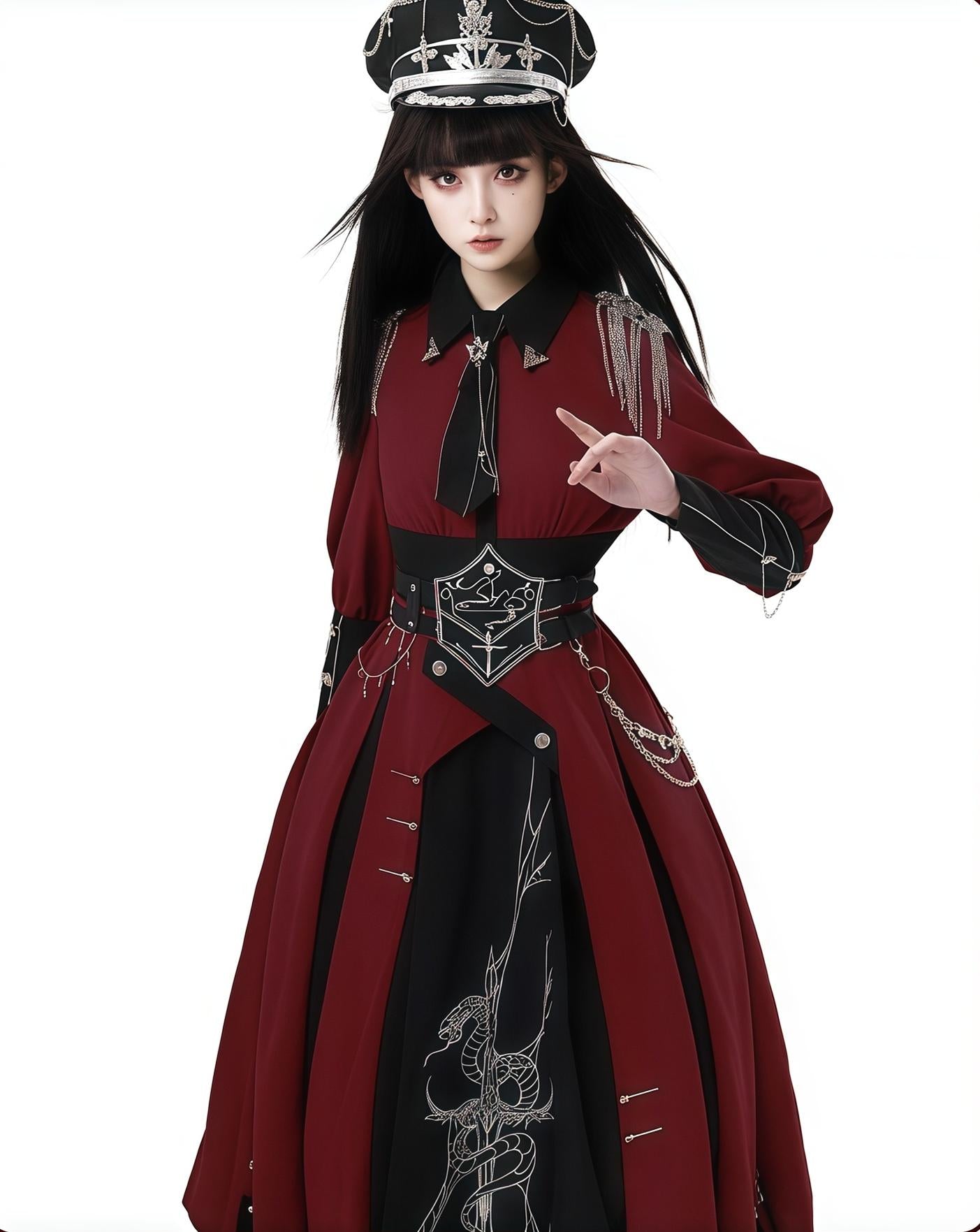 CHUNLV LOLITA - Crimson Knight - Military Lolita Dress Outfit Red OP Black Cloak Waistband OP (with a collar pin + a necktie + two shoulder badges) Only S