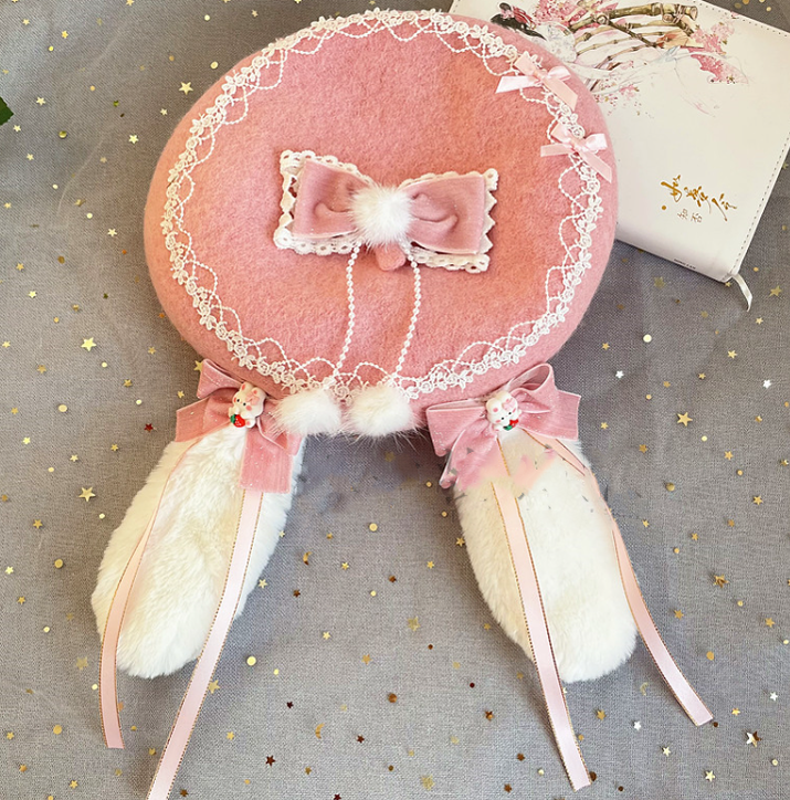 Luoluo Decoration~Han Lolita Pink Head Accessory light pink rabbit ears beret(for kid)  