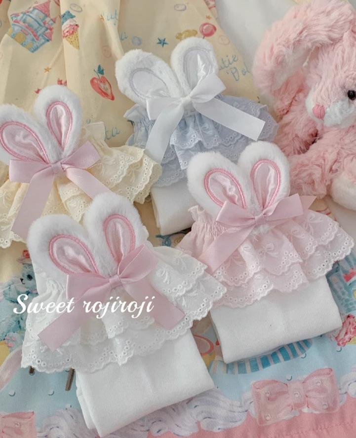 Roji roji~Cotton Lolita Bunny Ear Socks Summer Bow Short Socks   