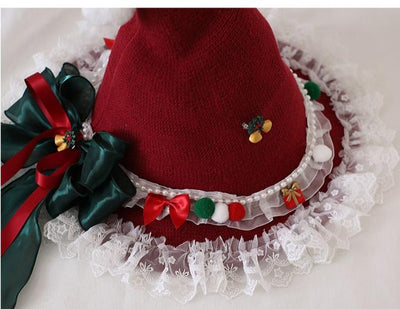Xiaogui~Christmas Lolita Hat Bow Lace Plush Witch Hat Dark Red   