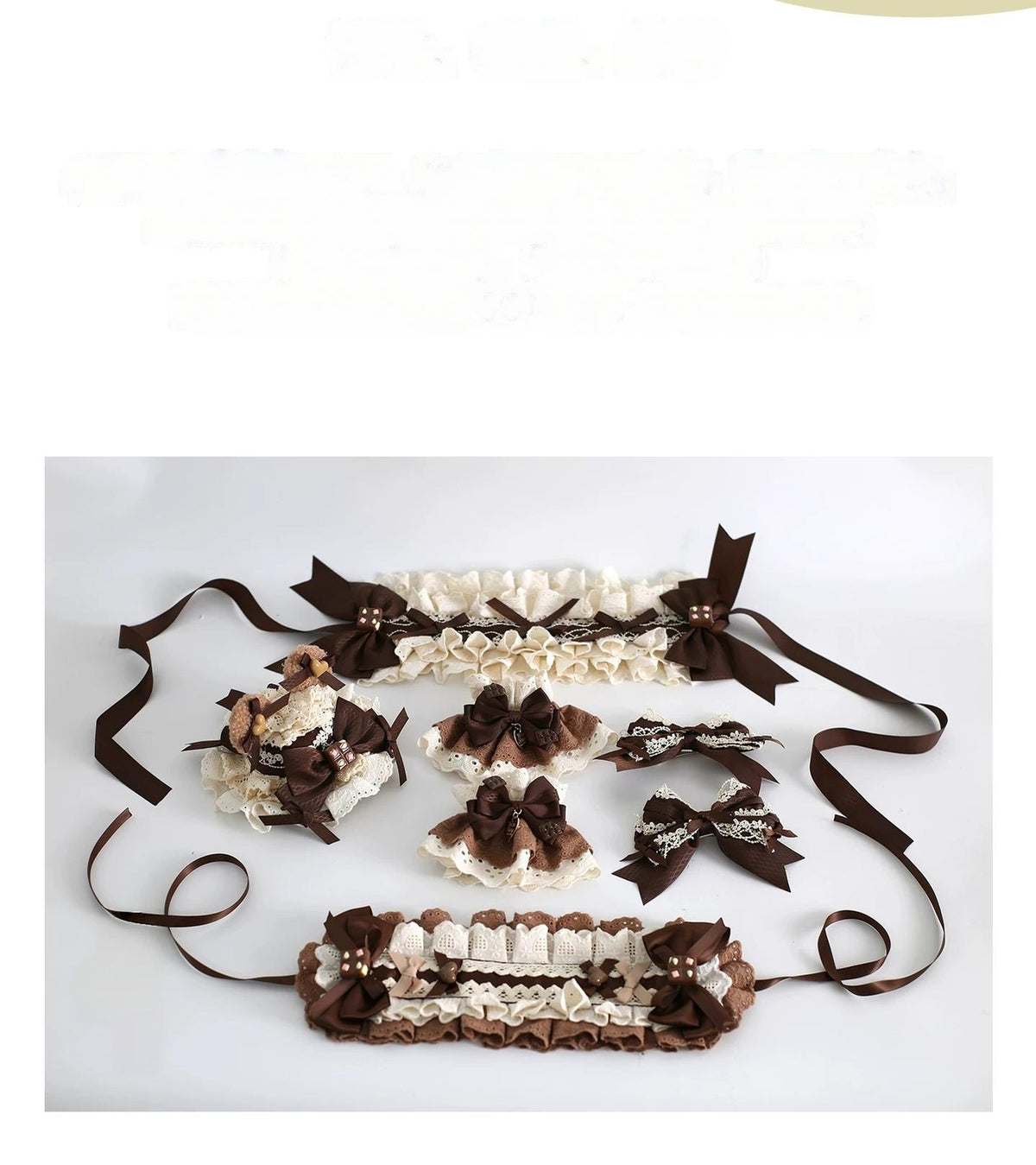 Coffee Brown Kawaii Lolita Hairband Accessory Set, Lace & Bear Ears 46088:874530