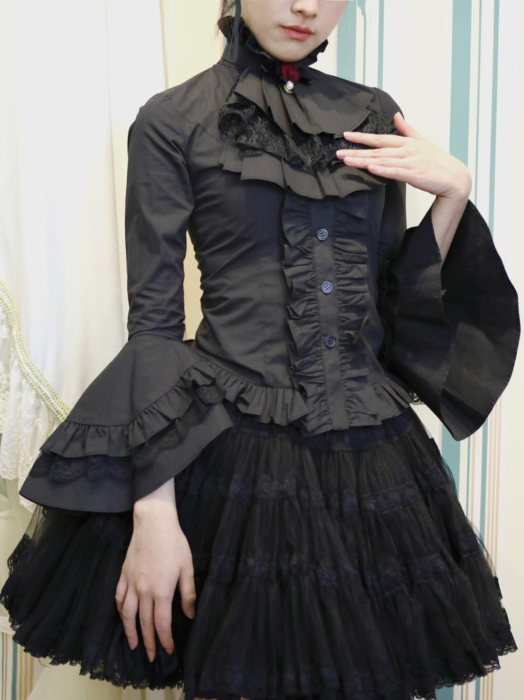 Lace Garden~Dark Angel~Gothic Lolita Shirt with Long Sleeve and Ruffled Long Tail