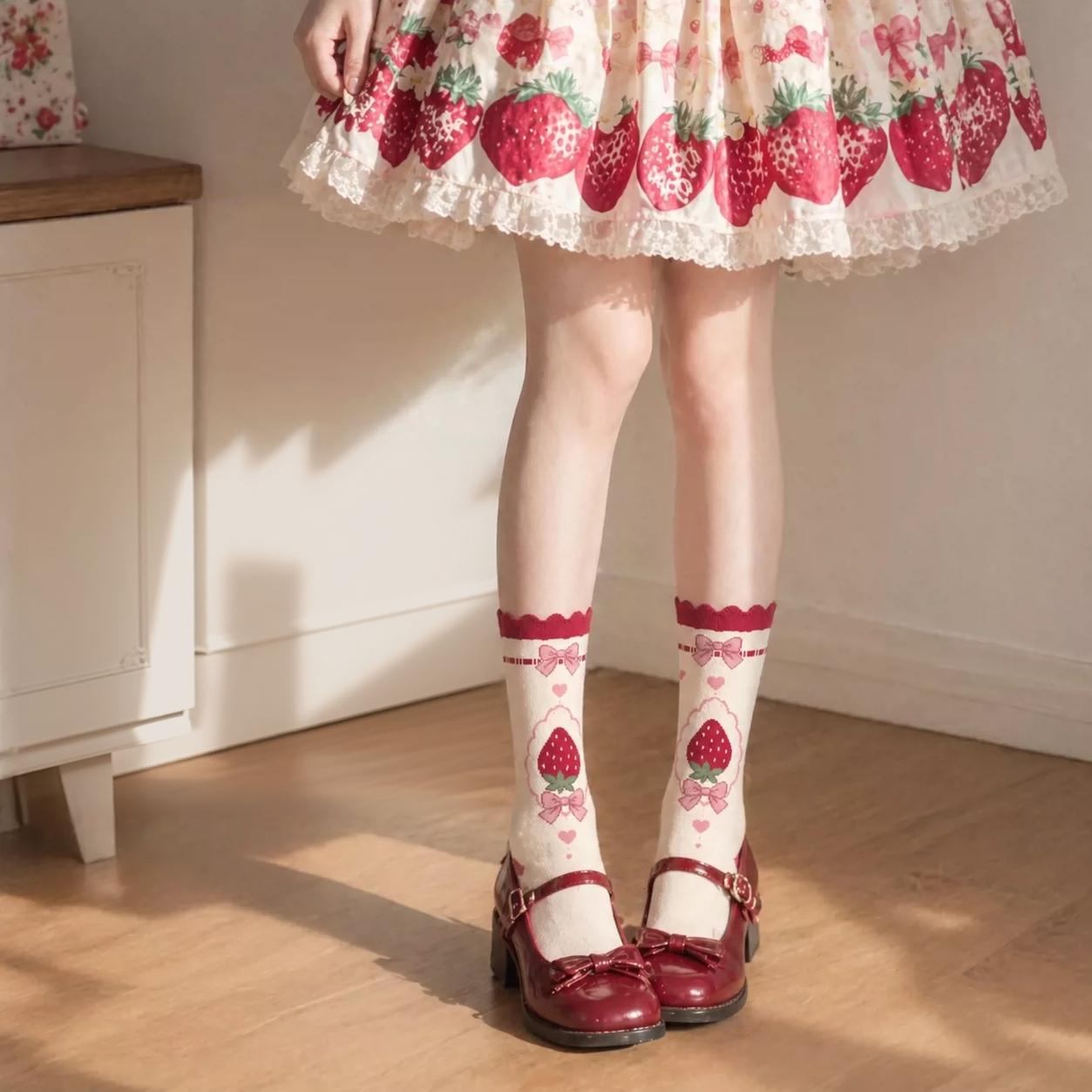 Cotton Sweet Lolita Mid-calf Socks, Strawberry Jacquard 45902:867344