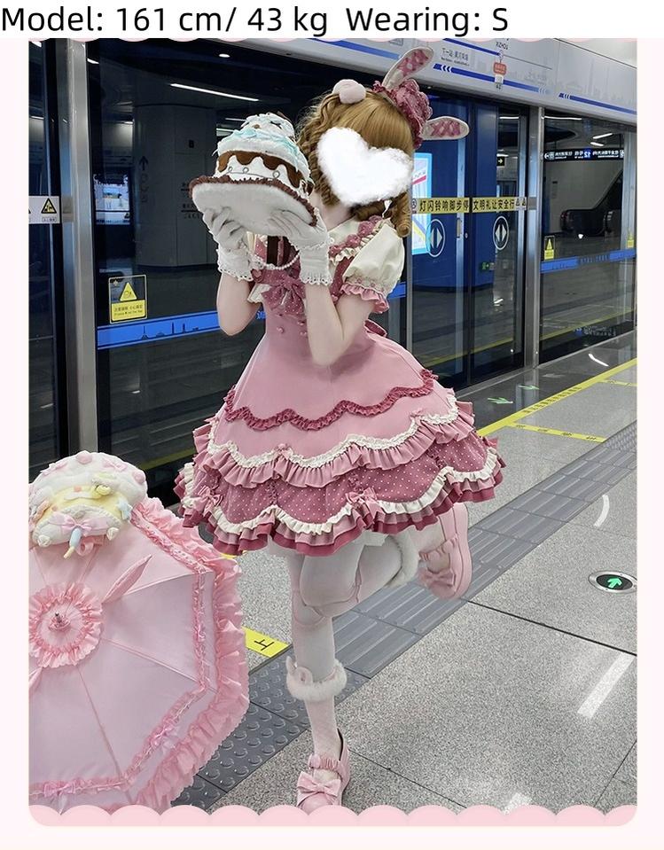 Sakurahime~Bunny Breeze~Pink Sweet Lolita OP Dress with Cute Hat and Bunny Ears