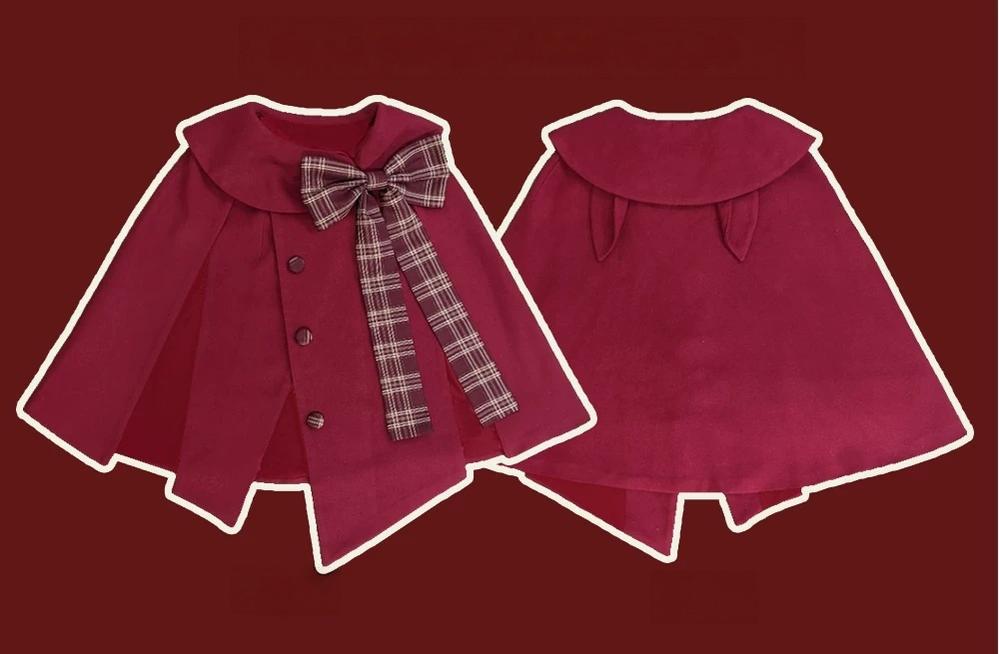 Christmas Lolita Wine Red Cape Coat, Bunny Ear & Plaid Bow