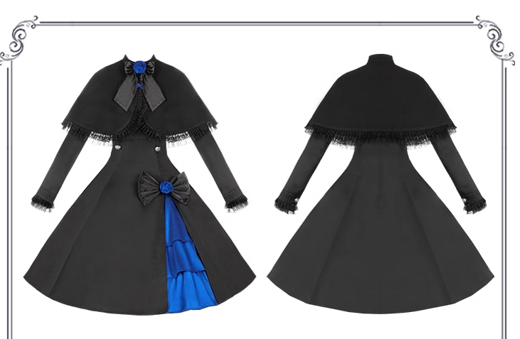 (BFM)With PUJI~Night Serenade~Retro Lolita Cloak Color-Blocked Blue and Black Cape OP Set   