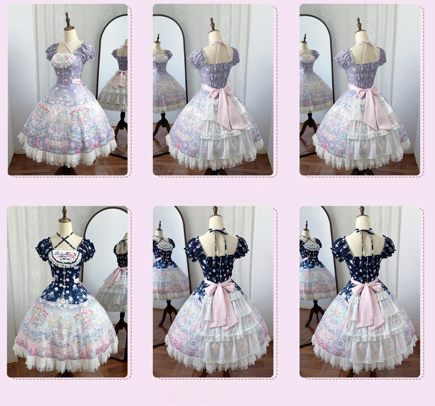 Glimmering Carousel - Sweet Lolita OP & JSK Dress Set, Ocean Carousel Print (L M S XL) 45827:863953