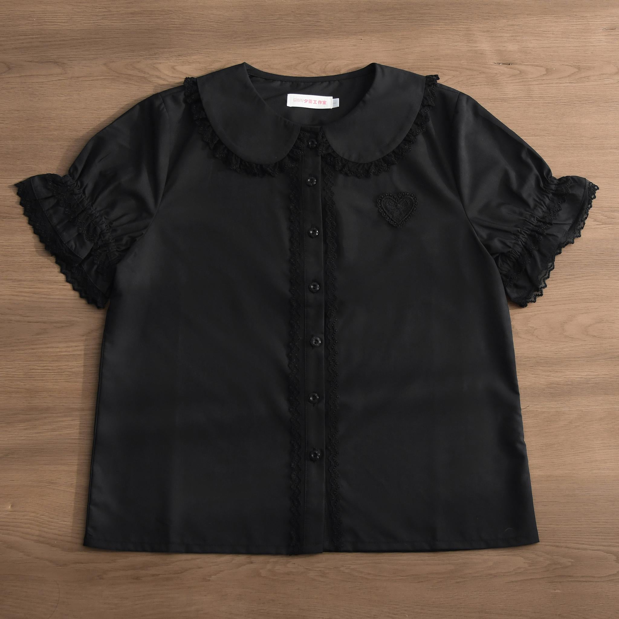 Kawaii Lolita Plaid Blouse With Cat Ear Peter Pan Collar Pure Black Blouse Only S
