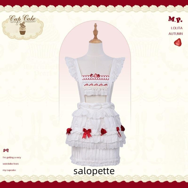 Mademoiselle Pearl - Cup Cake - White, Red Bow, Sweet Lolita Dress Set (F L M S XL XS) 43333:773911