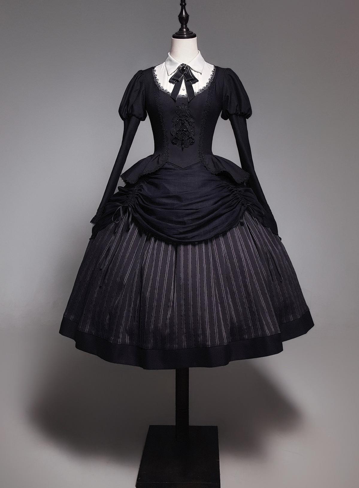 Striped Diary - Gothic Lolita Lift-up Skirt Set, Juliet Sleeve Blouse