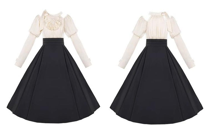 With PUJI~Roman Holiday~Classic Lolita OP Dress Faux Two-Piece Long Sleeve Dress Spring   