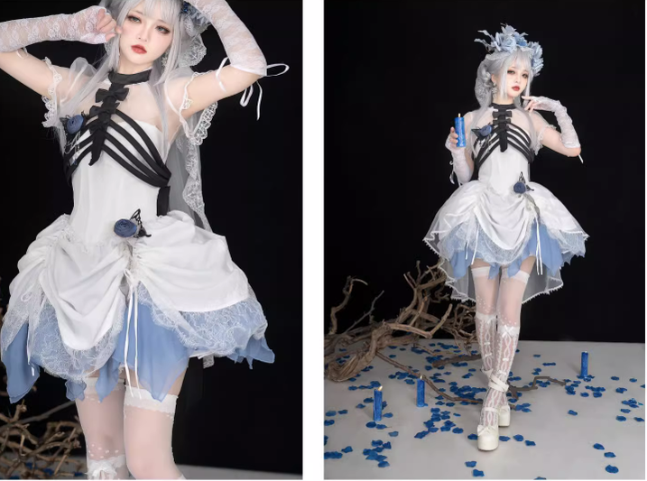 (Buyforme)Wuyuzhe~Hecate Ribs Gothic Lolita Tee JSK and Accessories free size blue-white full set(with two rose brooches) 