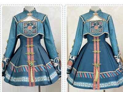 Sakurahime~Kawaii Lolita Blue-green Sun Embroidery JSK Dress Set   