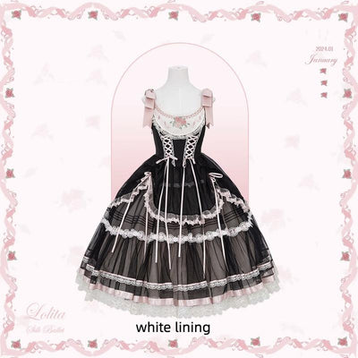 Flower and Pearl Box~Silk Ballet~Wedding Lolita JSK Dress Princess Bridal Dress XS Long JSK (Black Pink) (White Lining) 