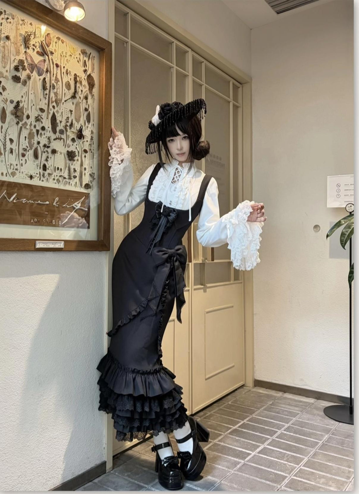 Miss Winnie - Gothic Lolita Blouse & Mermaid JSK Dress Set, Ruffle Lace Hem 46027:872886