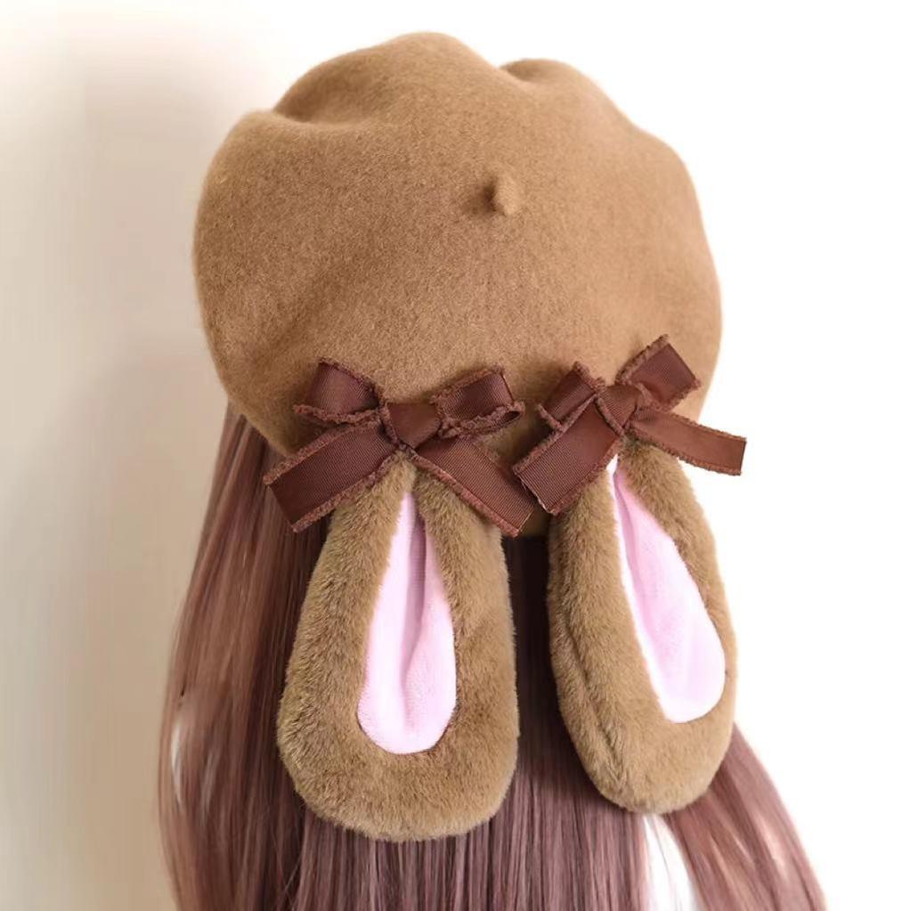 Xiaogui~Winter Lolita Beret Rabbit Ear Hat Bow Beret   