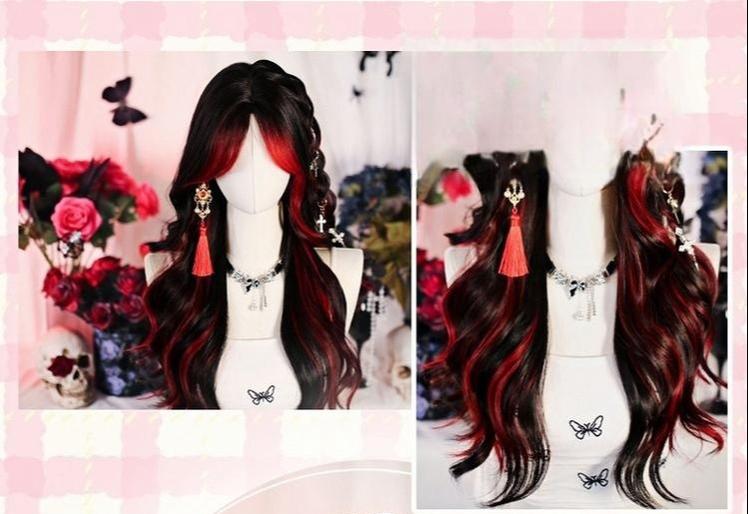 Dalao Home~Bathing Flames~Black Gothic Lolita Wig Red-black Highlighted Long Hair   