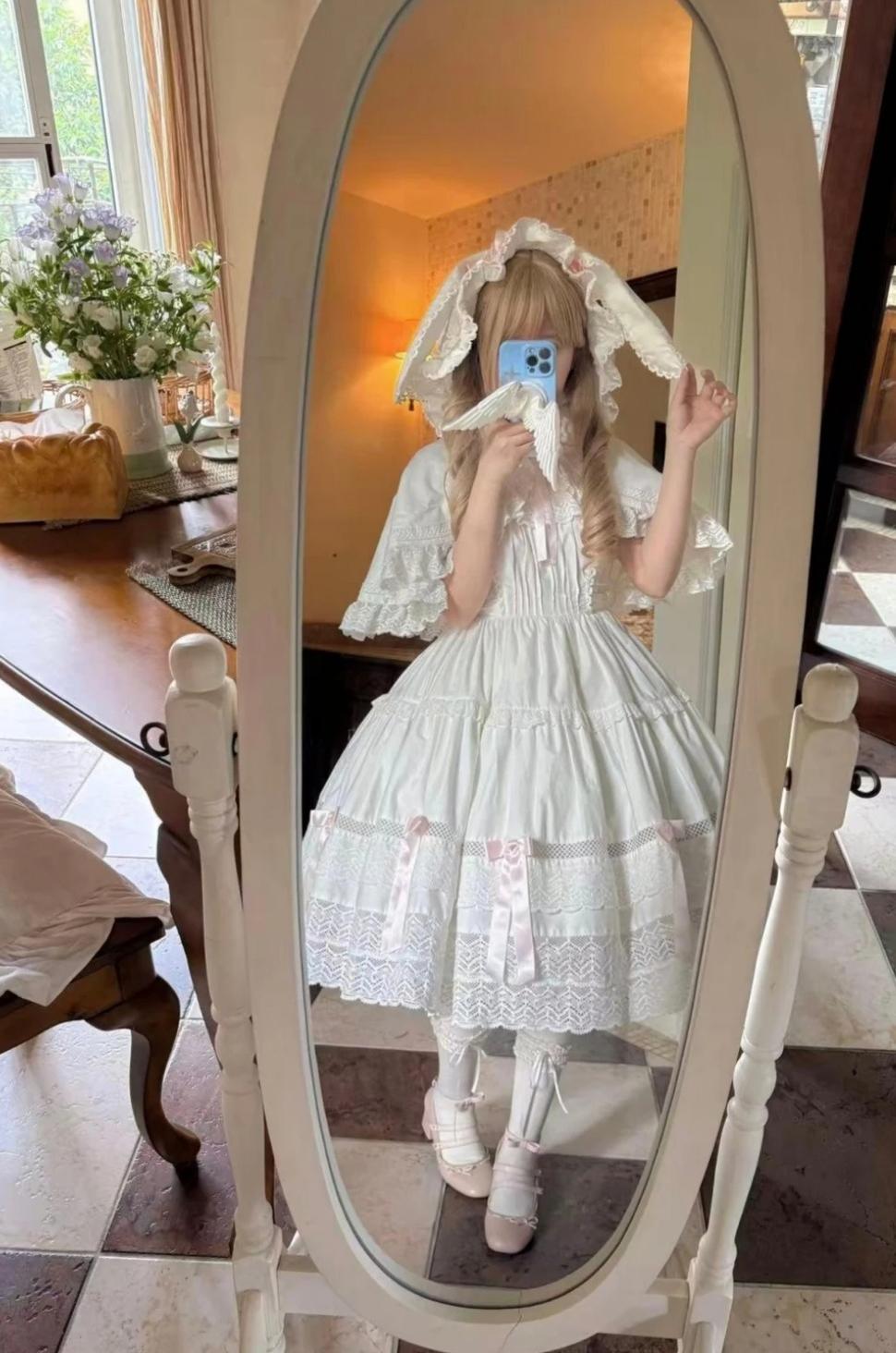 Edelburg Rose - Old School Lolita Cotton OP Dress Set, Detachable Sleeves 45685:859086