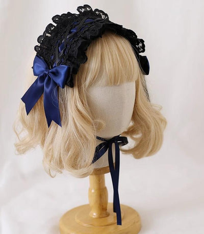 Xiaogui~Gothic Lolita Headband Cat Ear Hairpin Dark blue with black lace hairband  