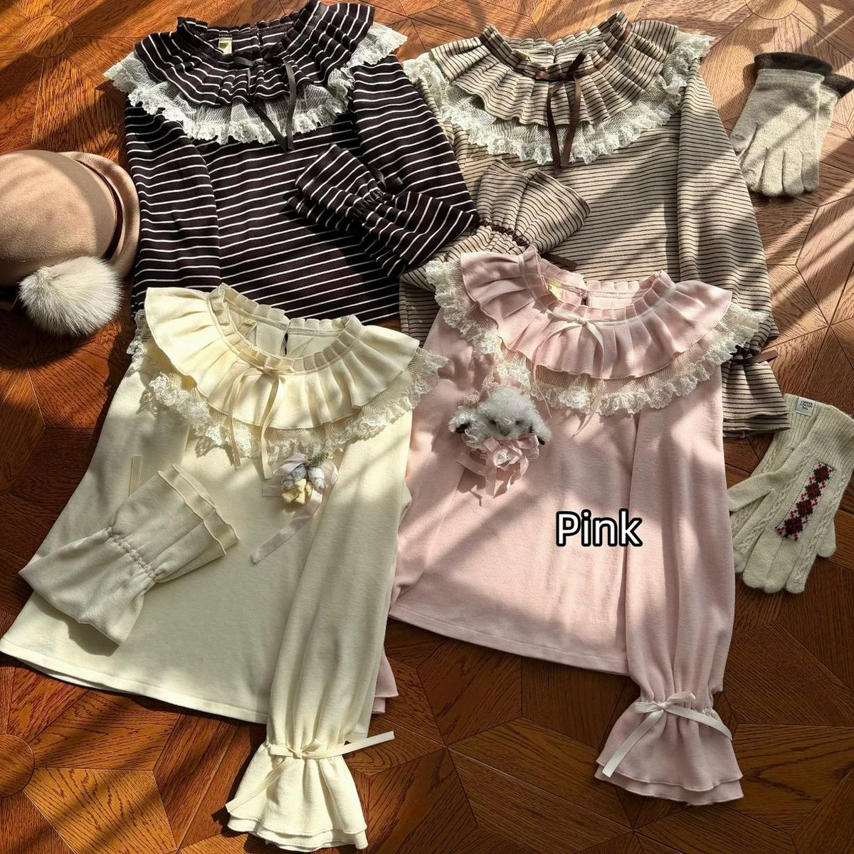 Himawari - Sweet Lolita Long Sleeve Blouse, Tiered Ruffle Collar (Pink / L M S) 45973:870485