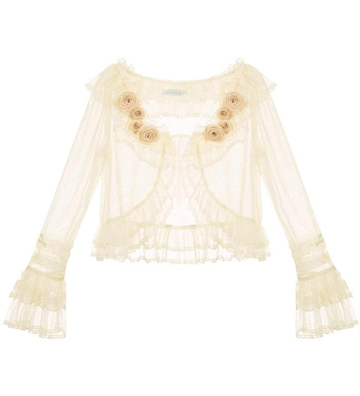 With PUJI~Flower Visage~Summer Lolita Sheer Cardigan with Rose Brooch 42927:759145
