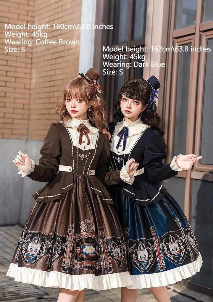 Jinmu~Chocolate Academy~Vintage Lolita OP Long Puff Sleeve Schoolgirl Lolita Dress 40344:657360