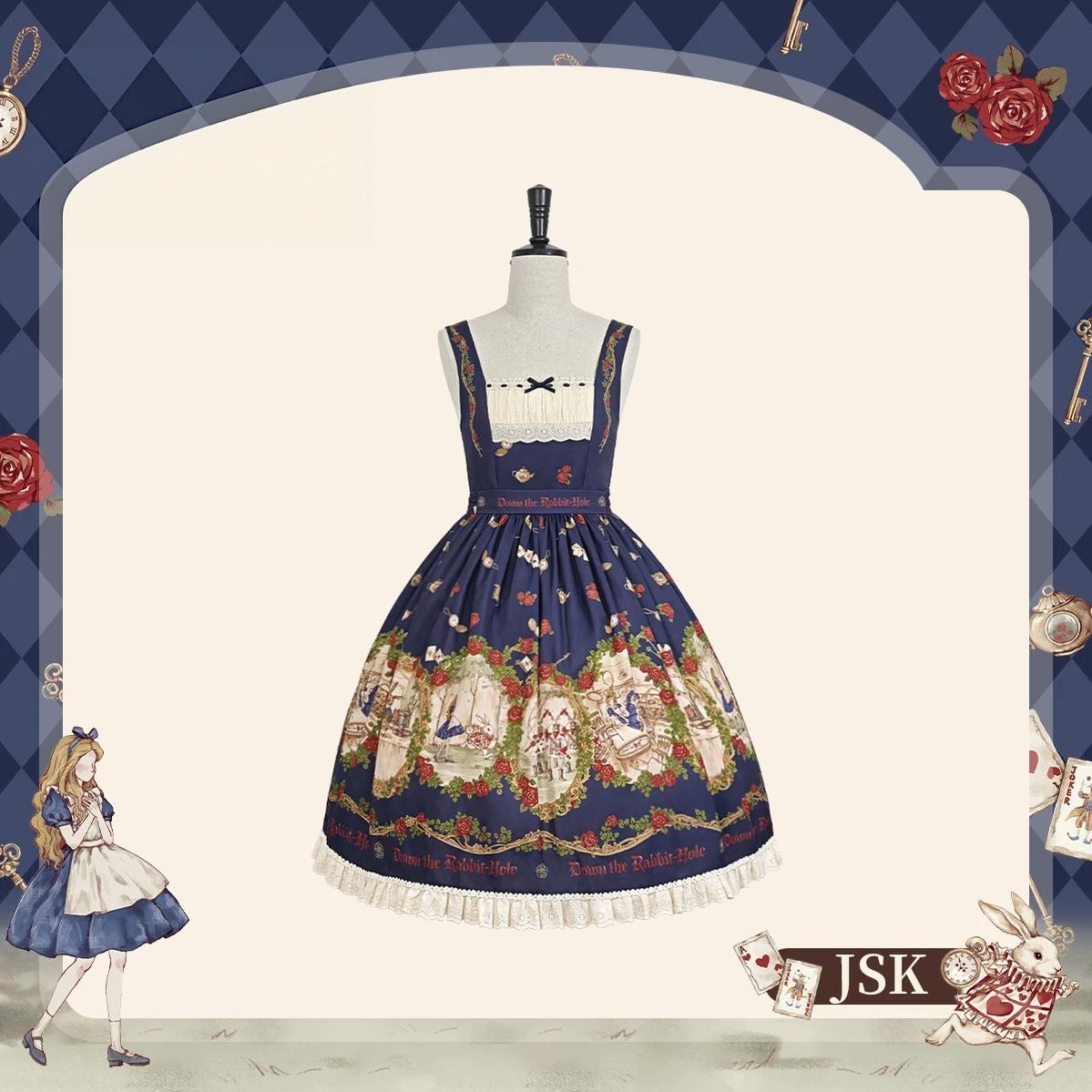 Down the Rabbit Hole - Daily Wear Classic Lolita OP & JSK Dress, Alice in Wonderland Print (L M S XL XS) 46008:871994