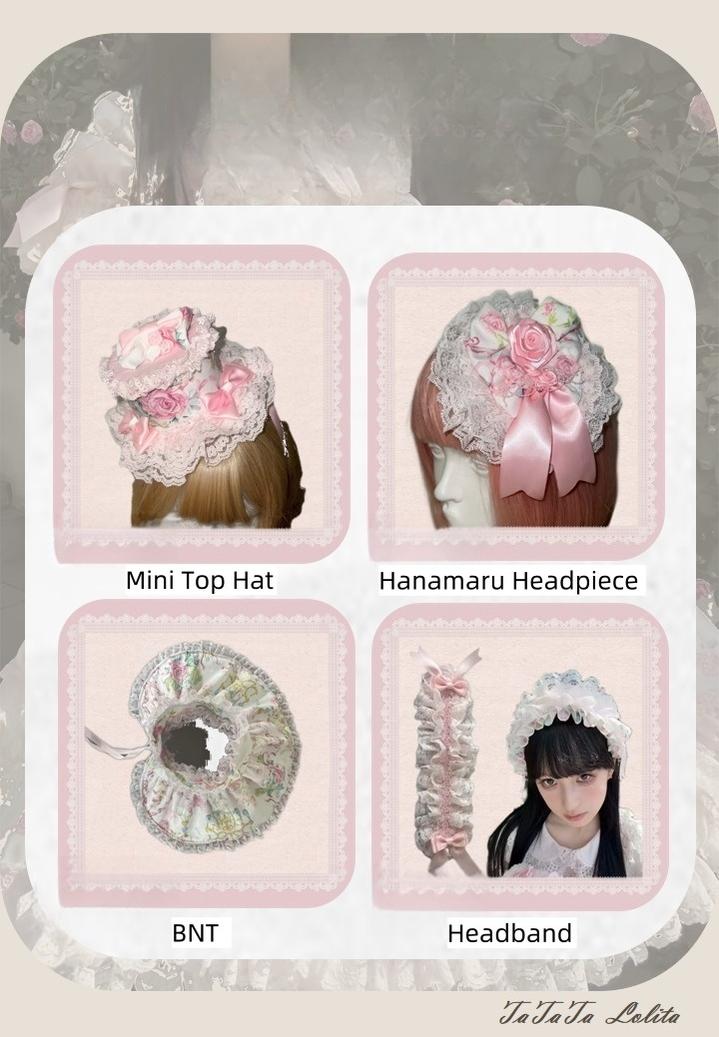 TaTaTa Lolita~Spring 2025~Old School Lolita Jumper Dress with Floral Prints & Lace Mini Top Hat Only (free size select M) S