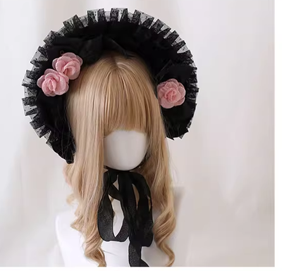Xiaogui~Gothic Lolita Black Lace Flowers Bonnet free size bonnet (black + pink flower clips) 