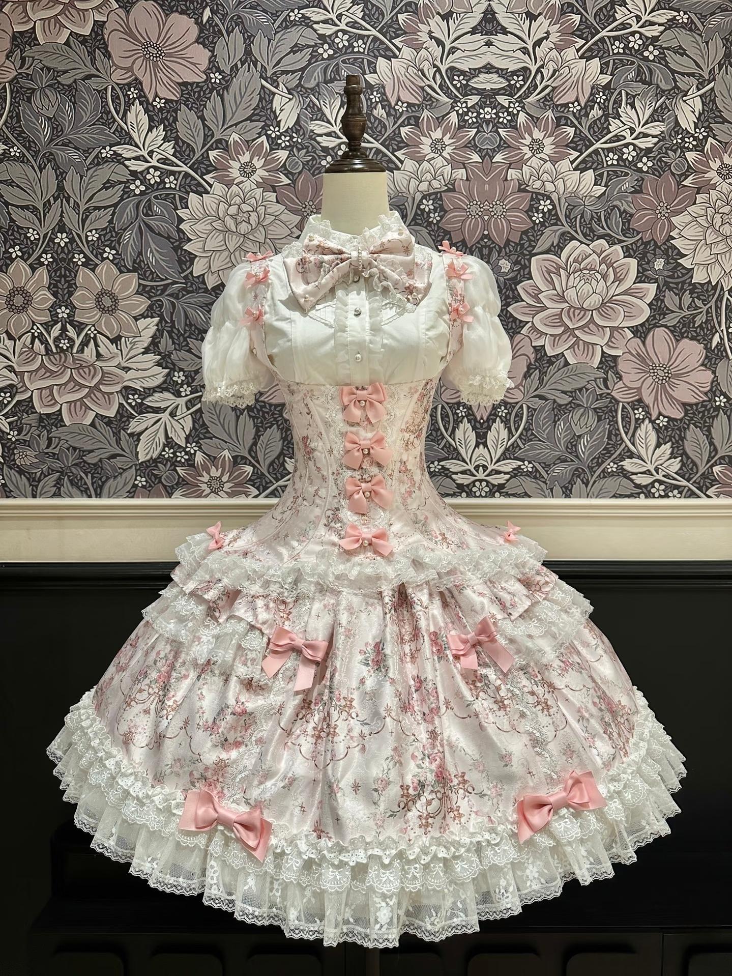 Mengfuzi - FLower in the Mirror - Old-School Lolita Bodice & SK Set, Short-Sleeved OP (Pink / 2XL L M S XL) 44280:802283