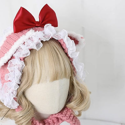 Xiaogui~Kawaii Lolita Bunny Ears Christmas Knit Hat free size (both for kids and adult) beige 