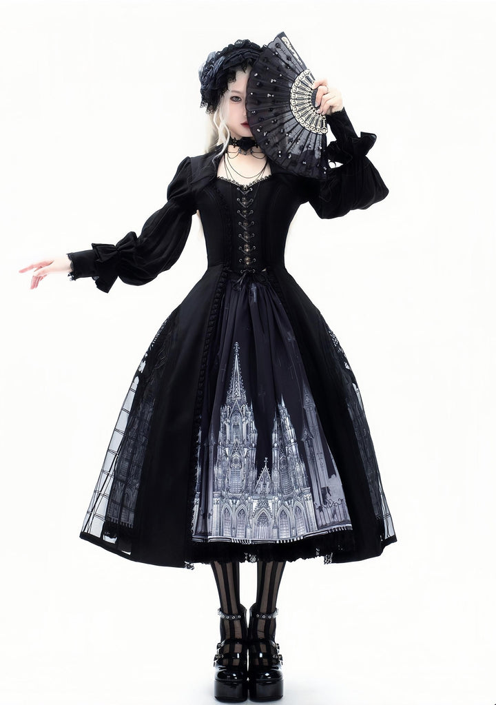 Susin Lolita~Night Traveler~Gothic Lolita Skirt Outfit Long Coat Shirt and Bustier Set