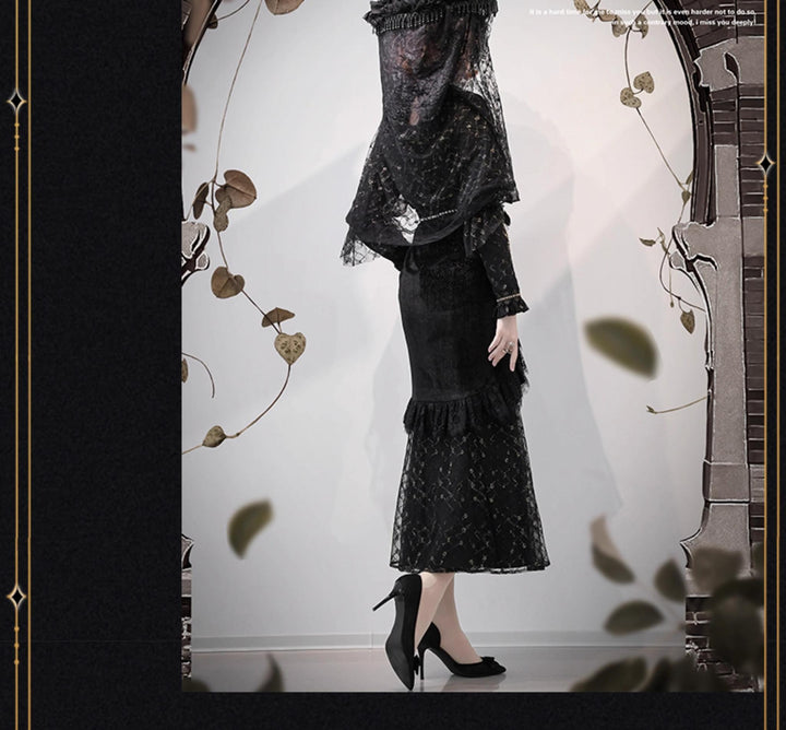 Another Walker~Night and Night Furan~Gothic Lolita Fishtail Skirt Set Black Lolita Set   
