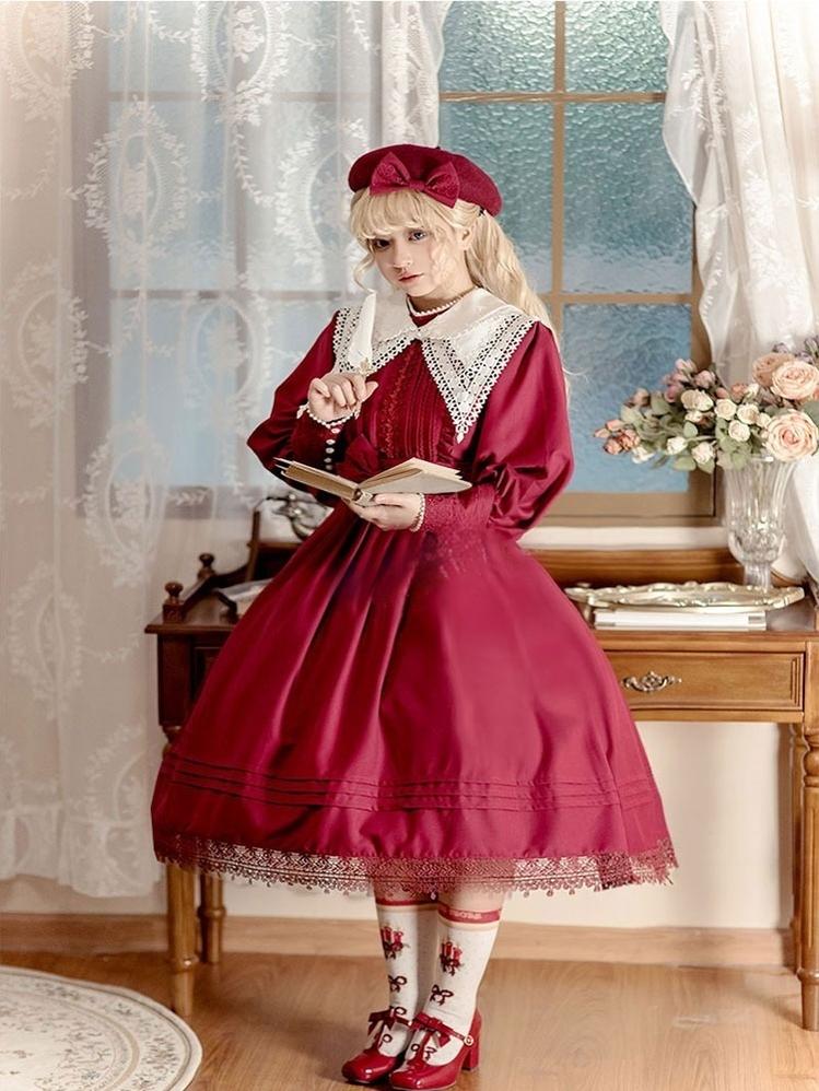 Dawn and Morning - Morning Fairy - Classic Lolita OP Elegant and Noble Dress XS Wine red(with detachable belt and waist bow)