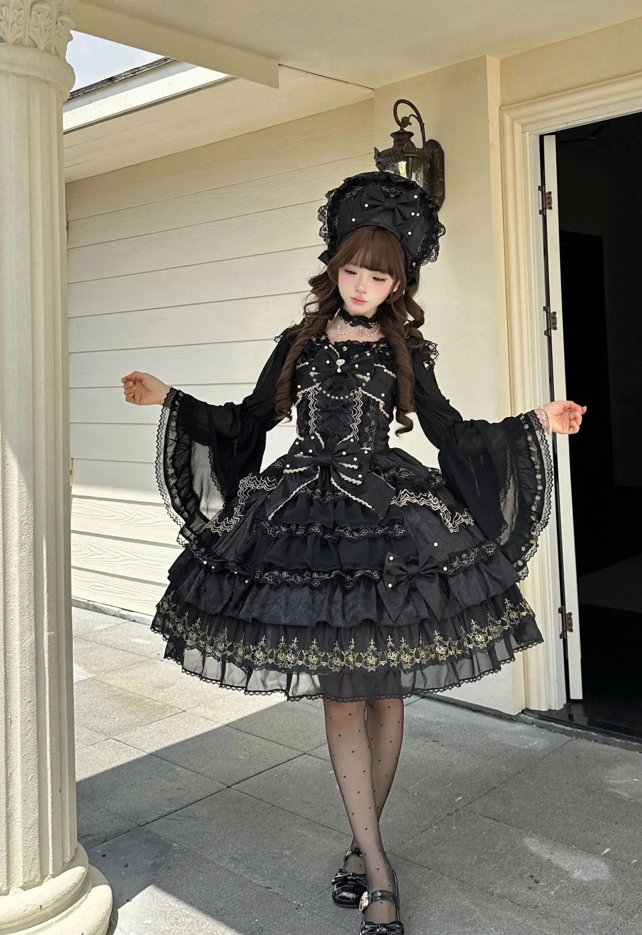 Slumbering Pearl Curtain - Sweet Lolita JSK Dress, Pearl Bows and Layered Lace 45780:862503
