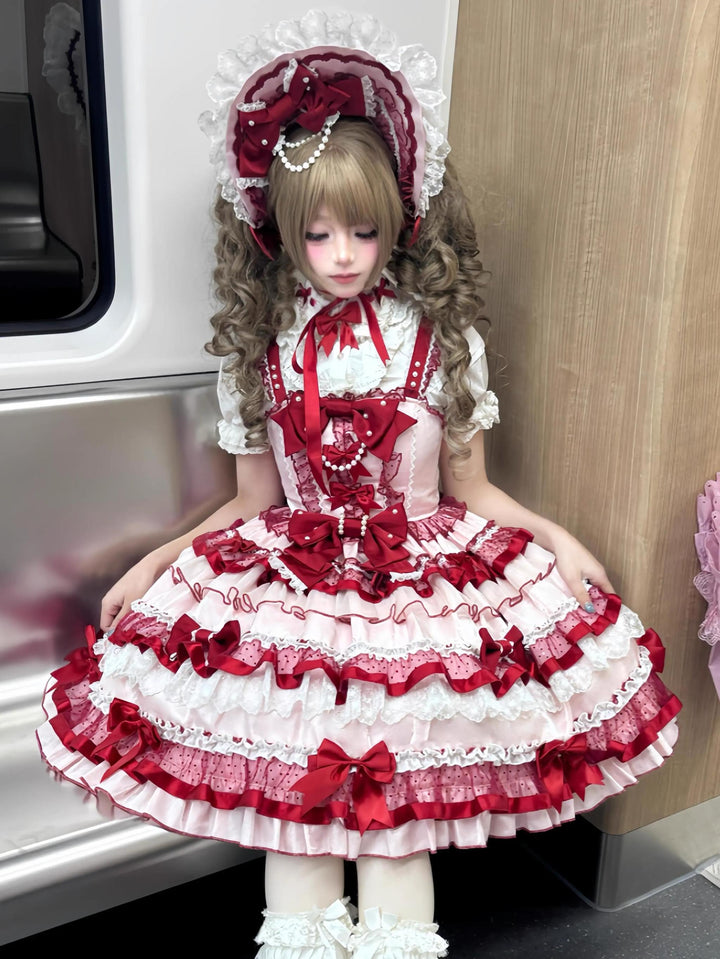 Sakurahime~Ribbon Strawberry~Sweet Lolita JSK and BNT with Old School Lolita Style 42537:744393