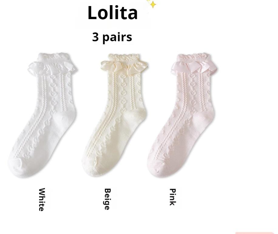 JingChi - Sweet Lolita Socks Women's Multicolor JK Mid-Calf Socks White + Beige + Pink One Size (36-39)