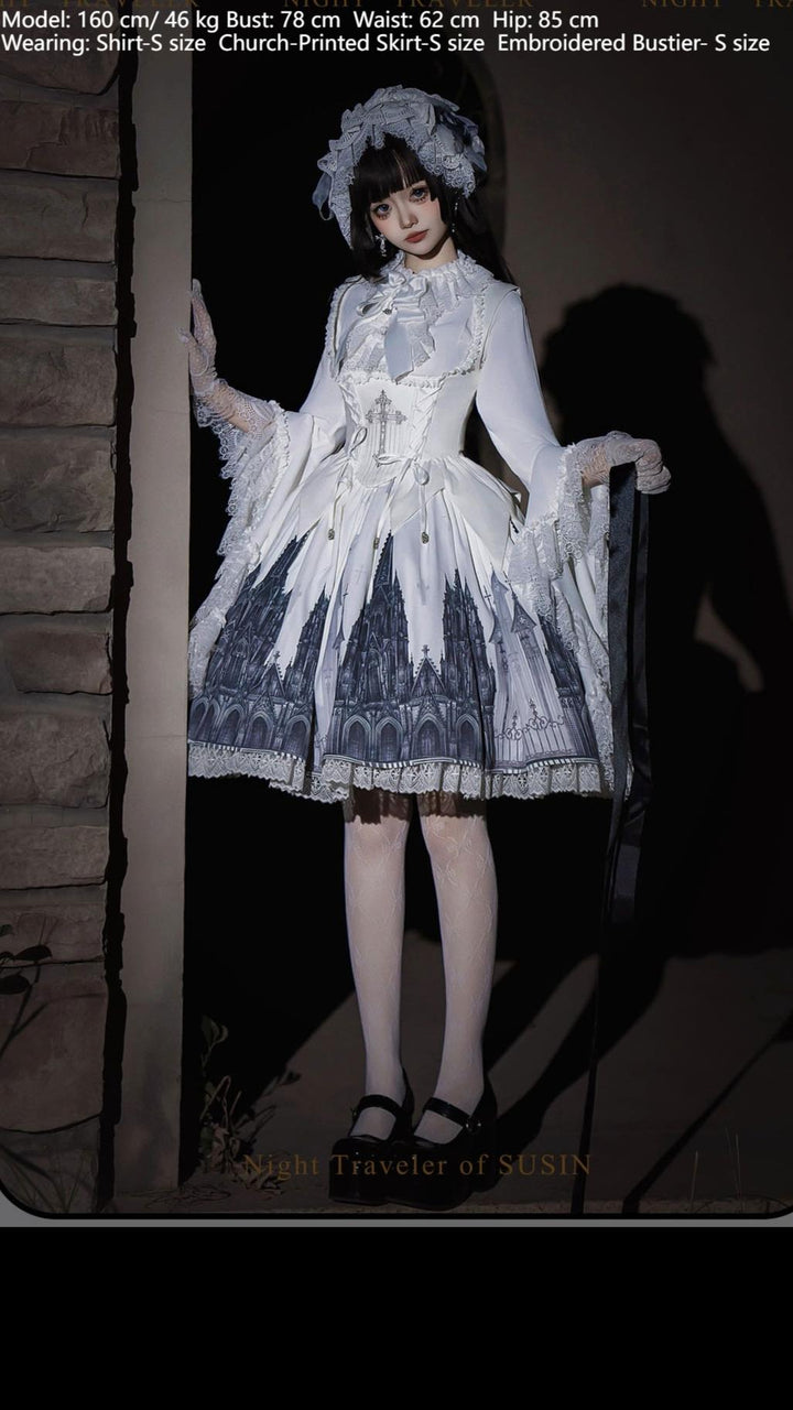 Susin Lolita~Night Traveler~Gothic Lolita Skirt Outfit Long Coat Shirt and Bustier Set