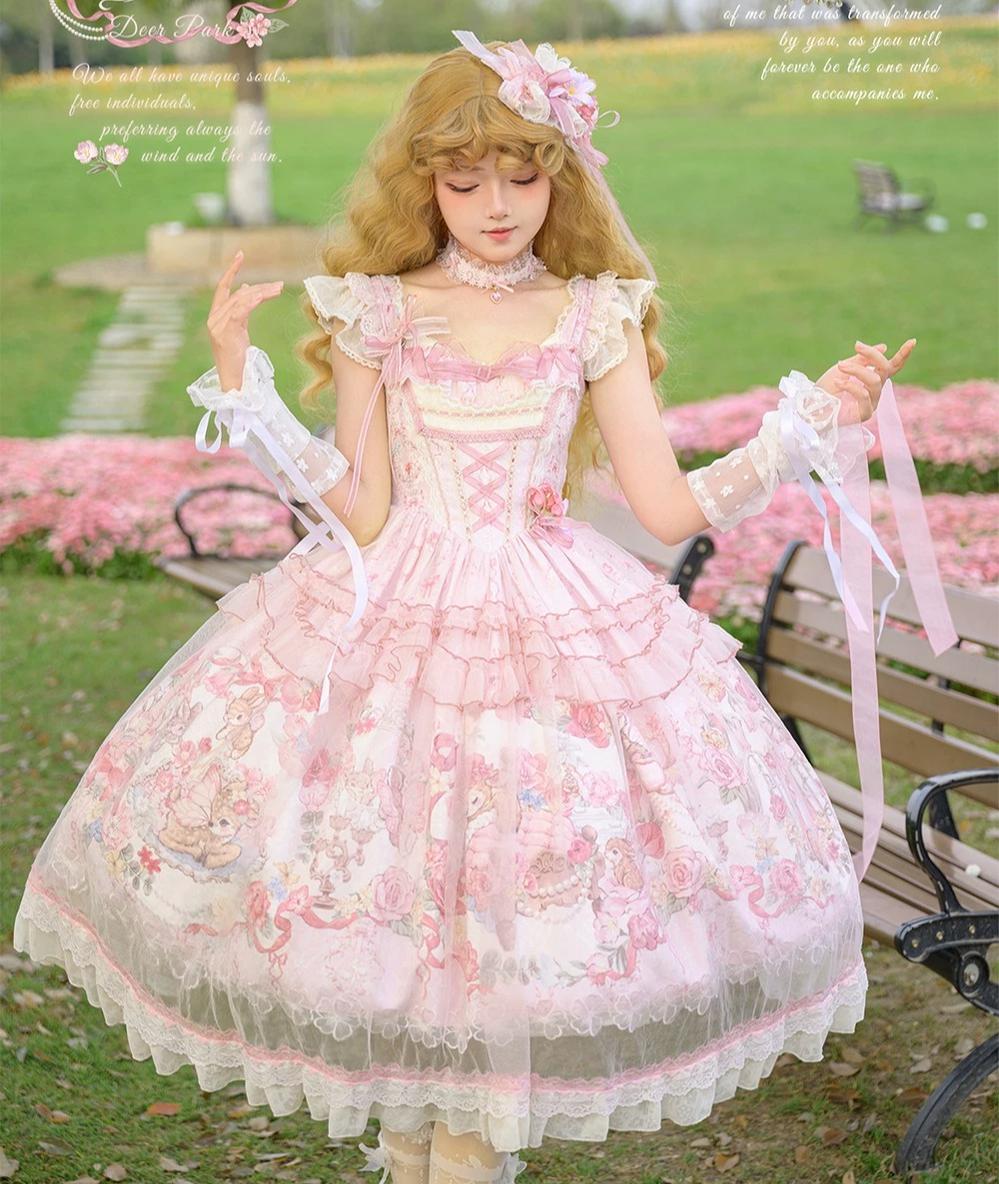 Deer Garden - Sweet Lolita Deer Printed JSK Dress with Tulle Overlay 45607:855431