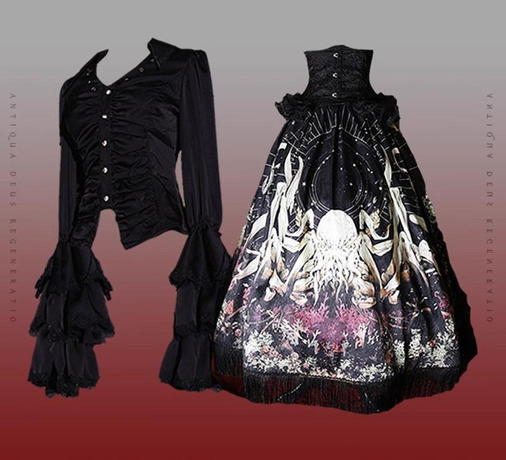 (BFM)Caged Bird Hotel~Reborn Ancient God~Gothic Lolita Shirt Lolita Skirt Set S Black shirt set 