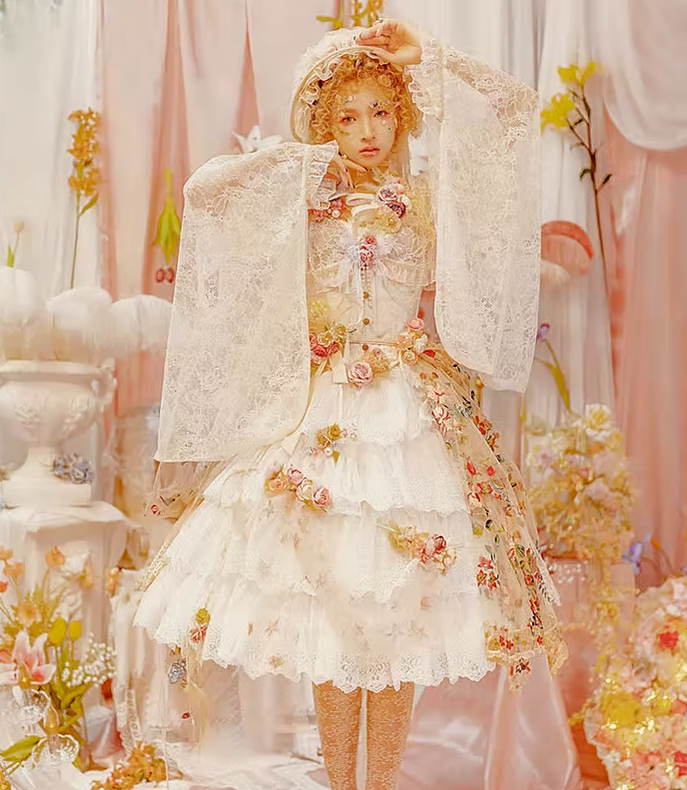 Sentaro - Elegant Lolita A-line Fish-bon Adjustable Tiered Skirt (beige) 15014:208932