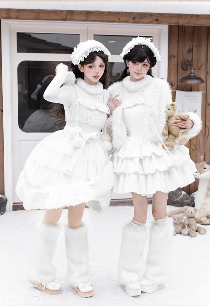 With PUJI - White Choco - Winter Kawaii Lolita JSK Dress Set, Fluffy Accents 44246:801123