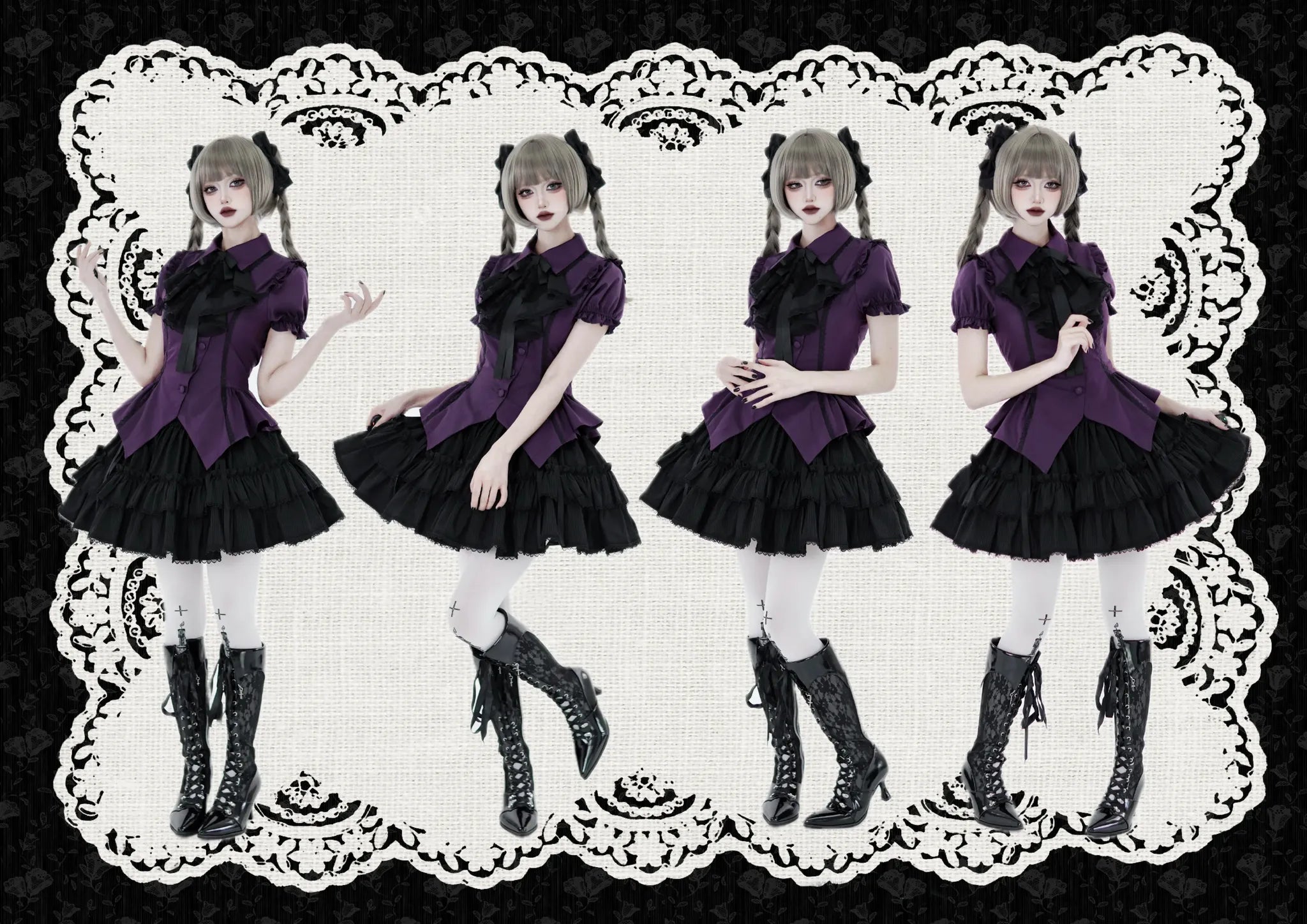 Lyra Nocturne - Gothic Lolita Slanted Placket Shirt Set, Plaid or Striped Purple Cotton Blend - Short Sleeve Shirt Only (without jabot) XS