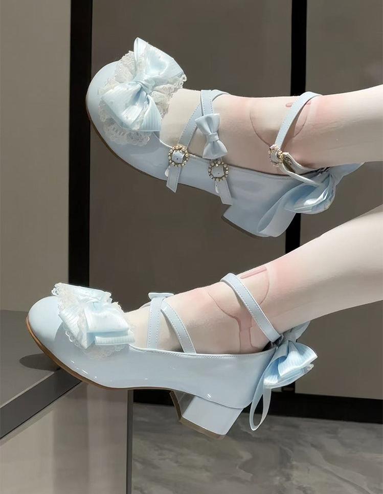 Cloud Satin Dream - Sweet Lolita Shoes, Ribbon Bows & Round Toe Blue low heels 35