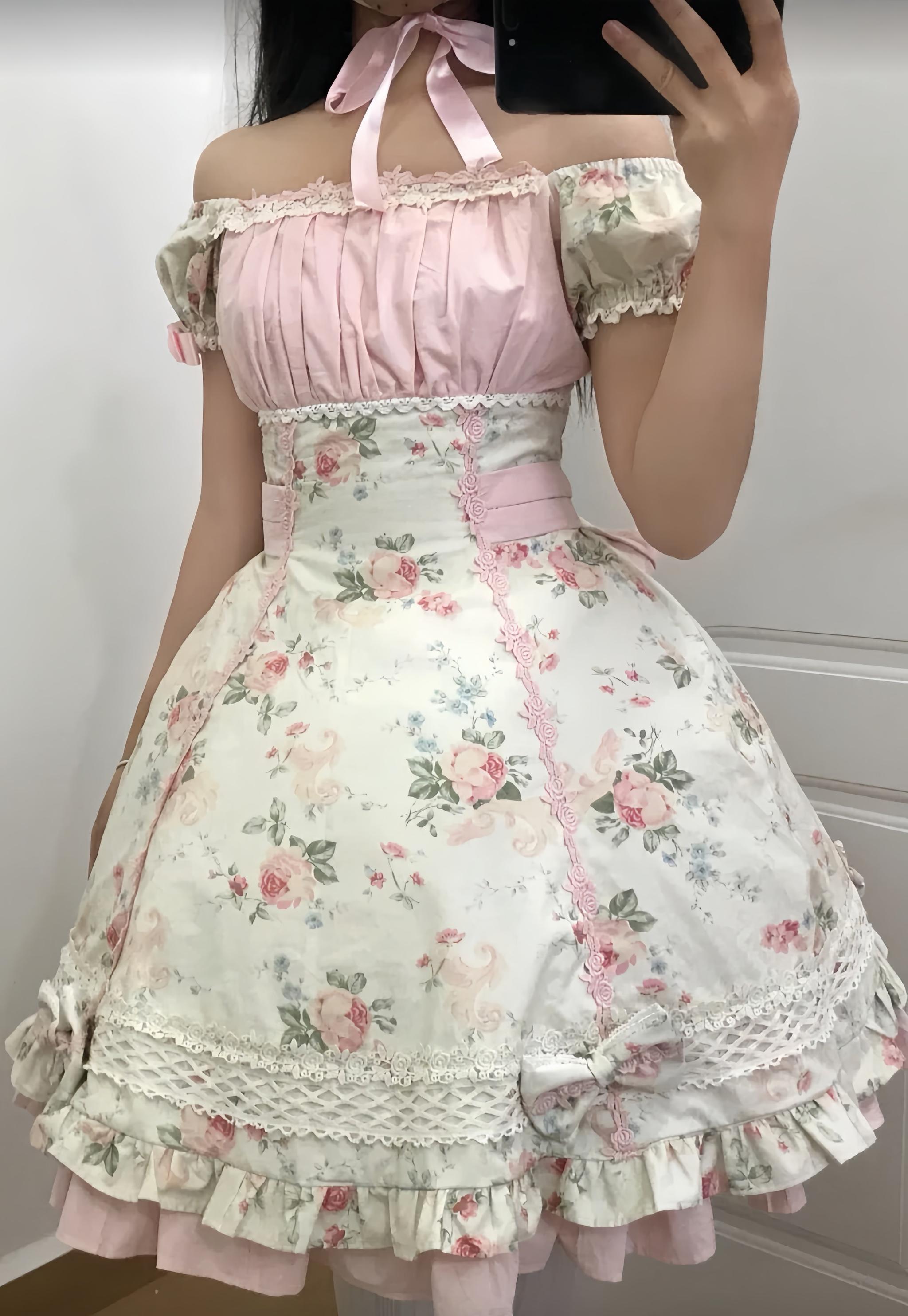 Meet Spring - Floral Printed Old School Lolita OP Dress (L M S XL) 44915:827744